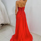 Red Sleeveless Sweetheart A Line Lace Long Prom Dresses