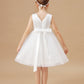 Sleeveless Ivory V-neck Tulle Satin Flower Girl Dresses With Bowknot