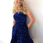 Cute Royal Blue One Shoulder A Line Sequins Short Homecoming Dresses with Pockets