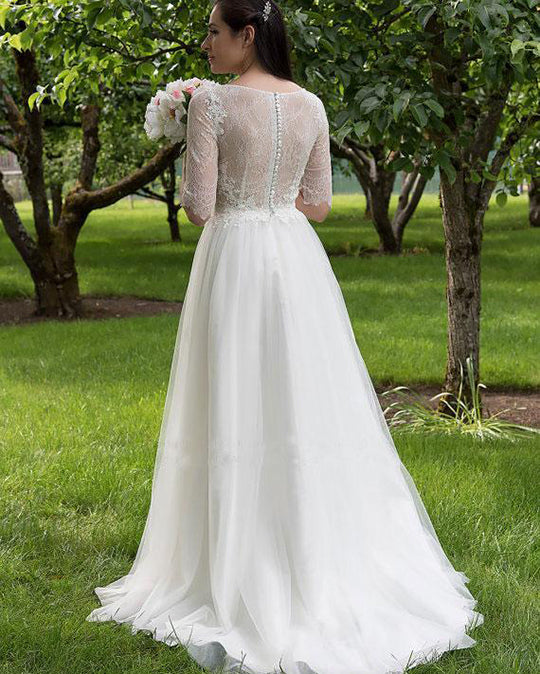 Charming Lace Sweetheart Neck Half Sleeves Wedding Dress W299 - Ombreprom