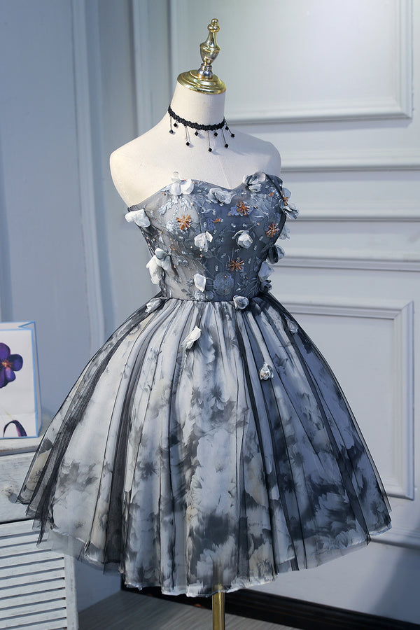Princess Strapless Short Homecoming Dress with Flowers, Appliques Puffy Cocktail Dress UQ1975