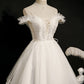 Ivory Spaghetti Strap Beaded Tulle Short Princess Homecoming Dresses