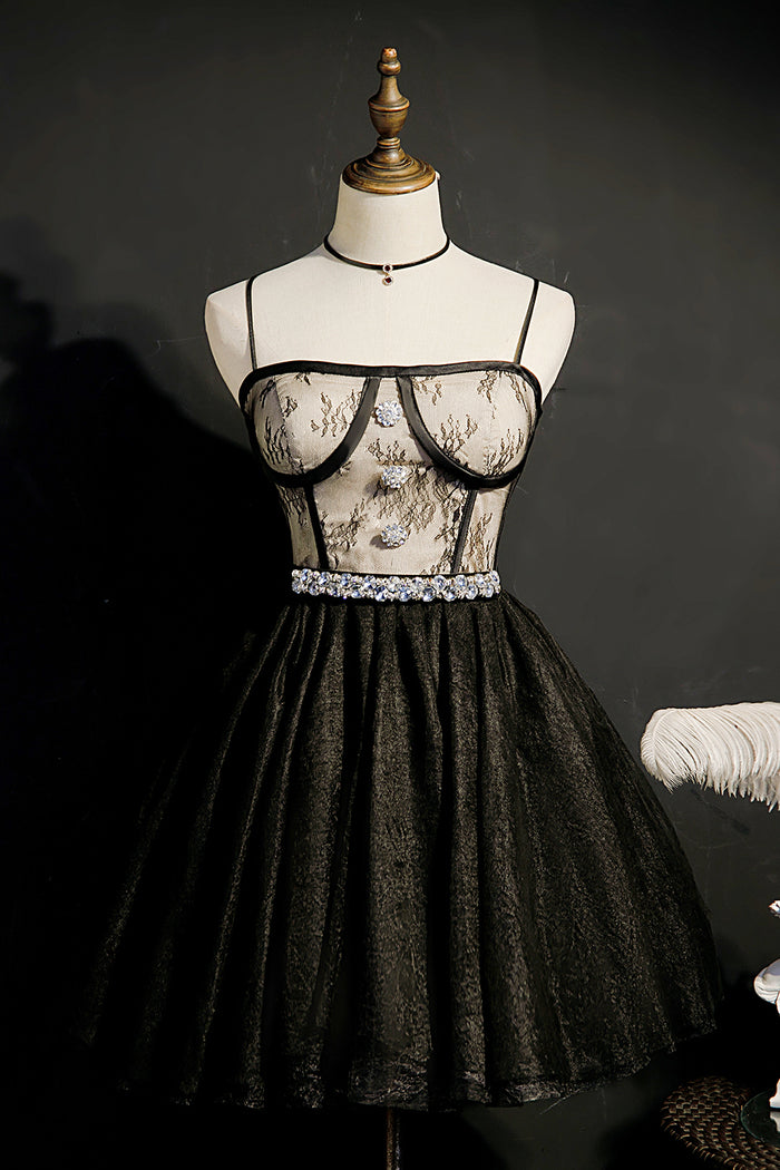 Black Spaghetti Strap Lace Homecoming Dress Tulle Homecoming Dress with Lace UQ1879