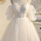 Spaghetti Straps Champagne V Neck Lace Tulle Princess Homecoming Dress