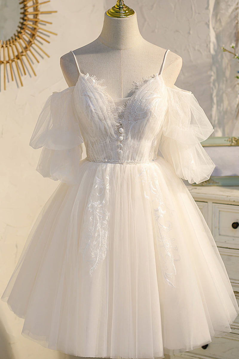 Champagne Spaghetti Straps Beading Tulle Princess Homecoming Dresses