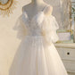 Spaghetti Straps Champagne V Neck Lace Tulle Princess Homecoming Dresses
