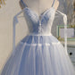 Light Blue Spaghetti Straps Lace Tulle Short Homecoming Dress