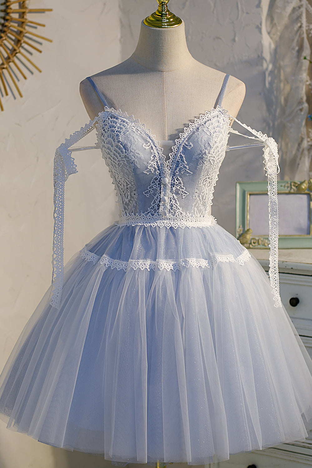 Light Blue Spaghetti Straps Lace Tulle Short Homecoming Dress