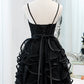 Black Sequins Spaghetti Straps Tulle Short Homecoming Dresses