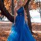Blue One Shoulder Tulle Lace A Line Prom Dress