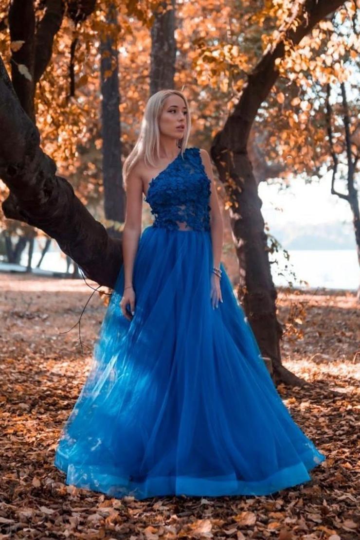 Blue One Shoulder Tulle Lace A Line Prom Dress