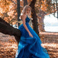 Blue One Shoulder Tulle Lace A Line Prom Dresses