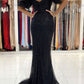 Black Off the Shoulder Mermaid Sequined Slit Formal Evening Dresses Long Prom Dresses