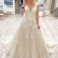 Lace Appliques V Neck Tulle A Line Evening Dresses Long Prom Dresses