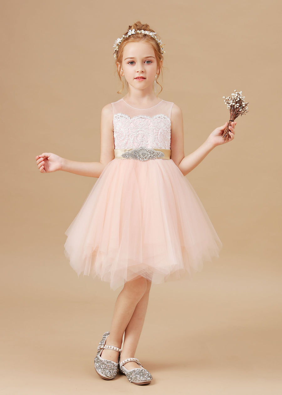 Applique Cute Sleeveless Tulle Flower Girl Dresses With Bownot
