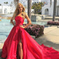 Simple Red Sleeveless Satin Split Long Prom Dresses