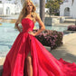 Simple Red Sleeveless Satin Split Long Prom Dress