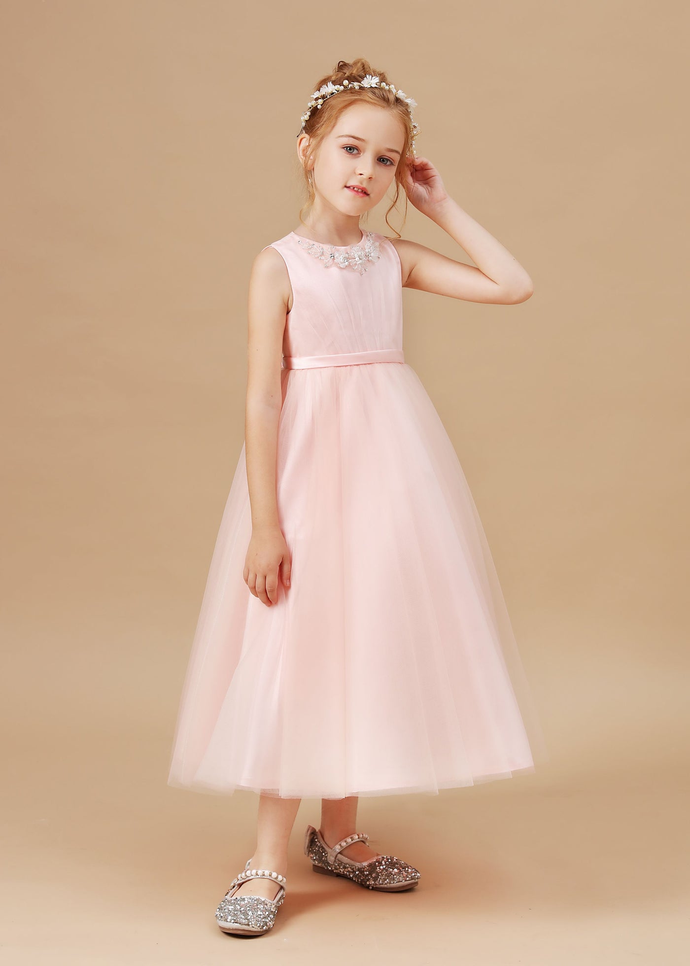 Tulle Crepe Applique Satin Flower Girl dress With Bowknot