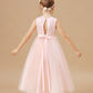 Sleeveless Applique Tulle Crepe Satin Flower Girl Dresses With Bowknot
