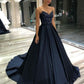 Spaghetti Straps Dark Blue Long Princess Sweetheart Satin Prom Dresses With Lace Top