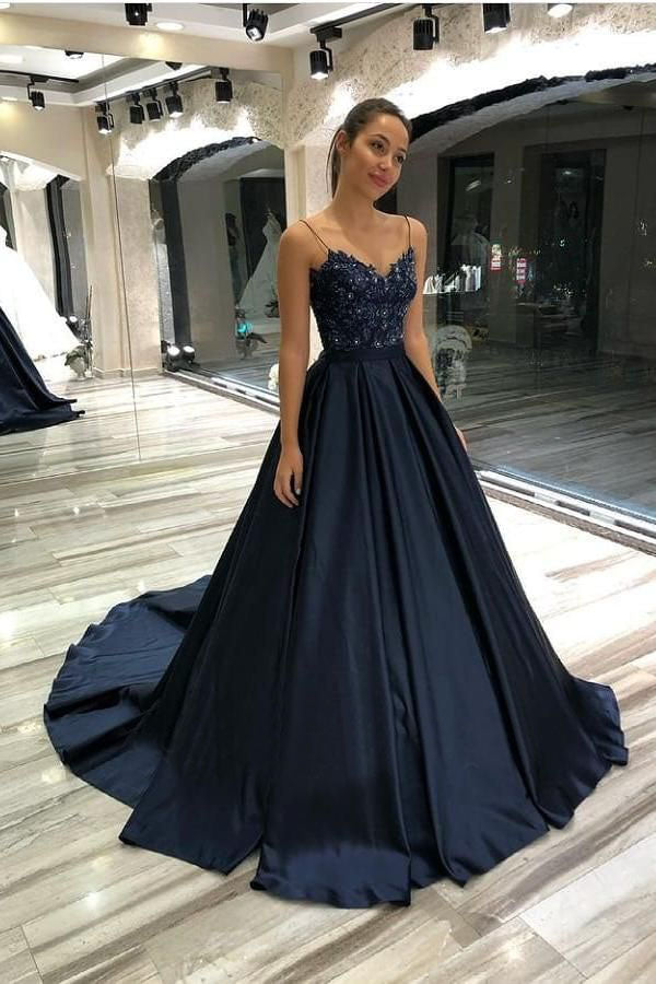 Spaghetti Straps Dark Blue Long Princess Sweetheart Satin Prom Dresses With Lace Top