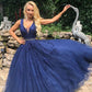 Blue Sleeveless V Neck Tulle Lace Long Prom Dress