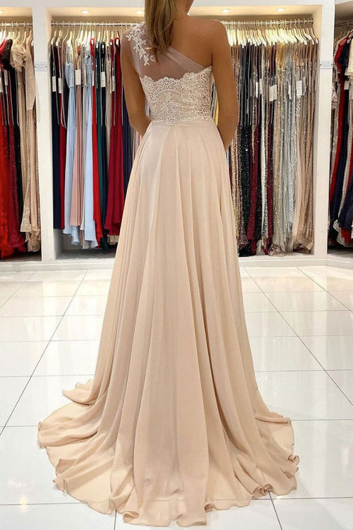 Champagne Chiffon A-Line One Shoulder Formal Evening Dresses Long Appl