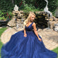 Blue Sleeveless V Neck Tulle Lace Long Prom Dresses