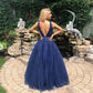 Blue Sleeveless V Neck Tulle Lace Long Prom Dresses