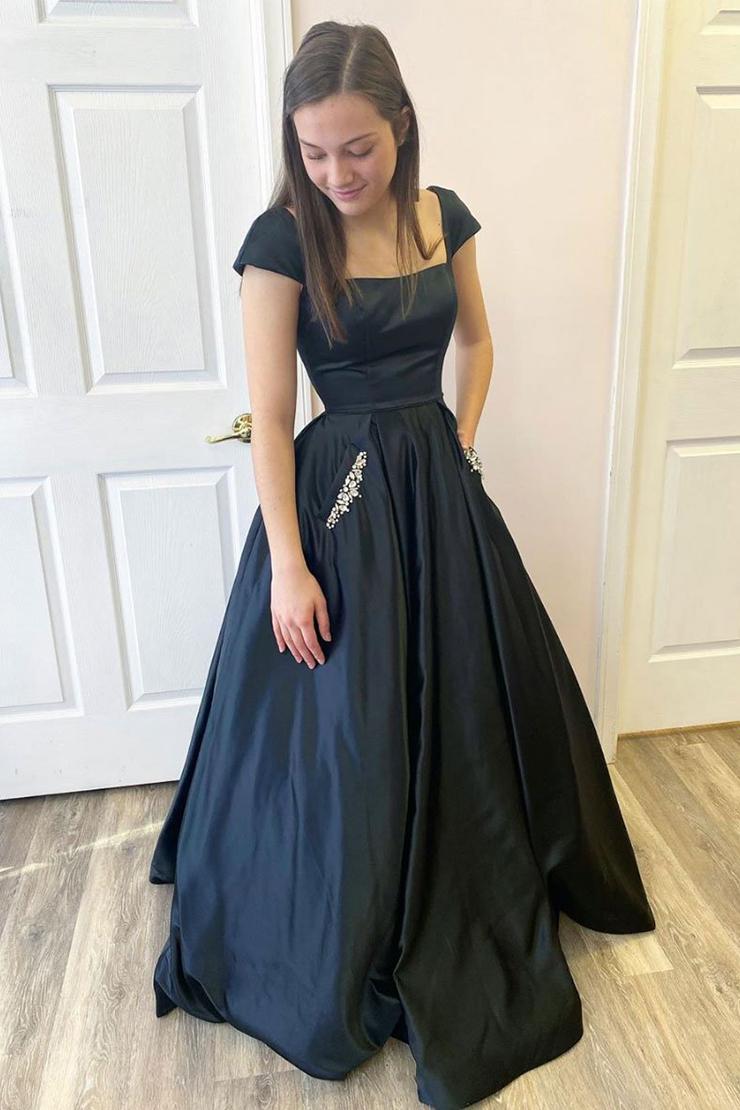Black A Line Satin Open Black Long Prom Dresses Black A Line Satin Open Black Long Prom Dresses