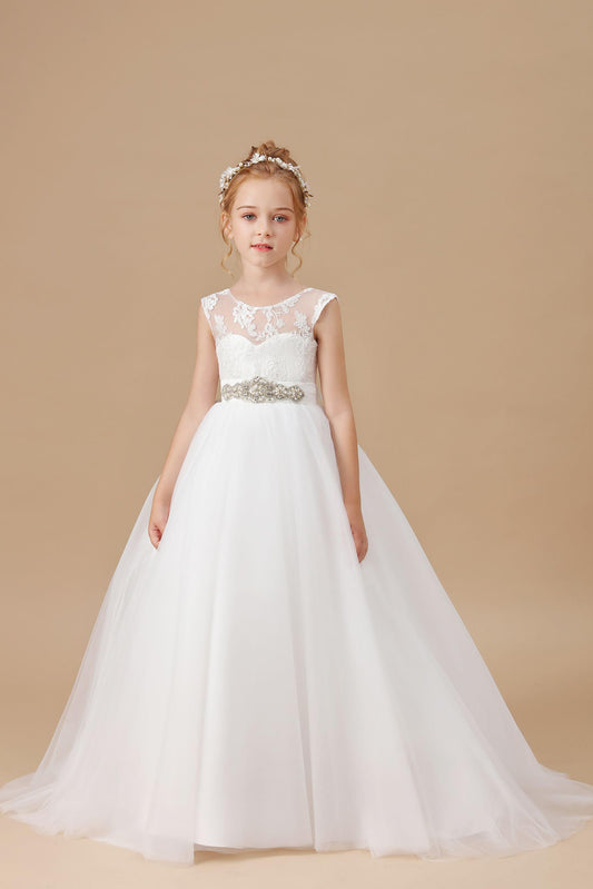 Ivory Floor-length Bowknot Tulle Flower Girl Dresses With Rhinestones Sash