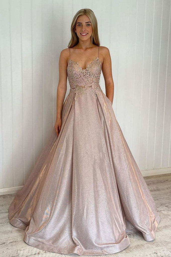 Dusty Rose A-Line Spaghetti Straps Formal Evening Dresses Sequin Long Prom Dresses