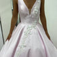 Light Pink Satin V Neck Ball Gown Long Lace Appliques Evening Dresses Prom Dresses