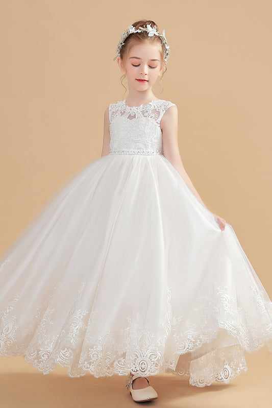 Cute Cap Sleeves Ivory Tulle Flower Girl Dresses With Beading