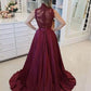 Burgundy Satin A-line Sleeveless High Neck Long Prom Dresses