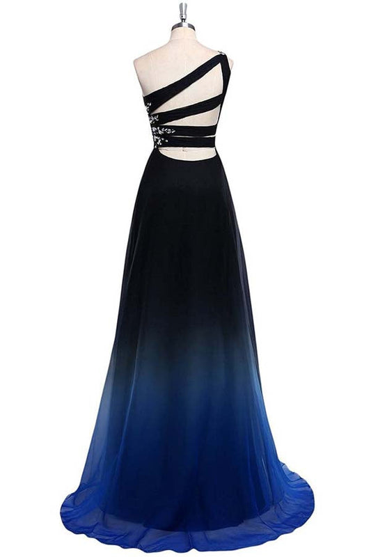 Ombre A Line Sweep Train One Shoulder Sleeveless Open Back Beading Prom Dress,Formal Dress O08 - Ombreprom