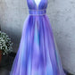 Purple A Line Spaghetti Strap V-neck Beading Belt Tulle Prom Dresses