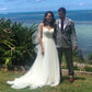 A Line Brush Train Sleeveless Tulle Appliques Beach Wedding Dresses