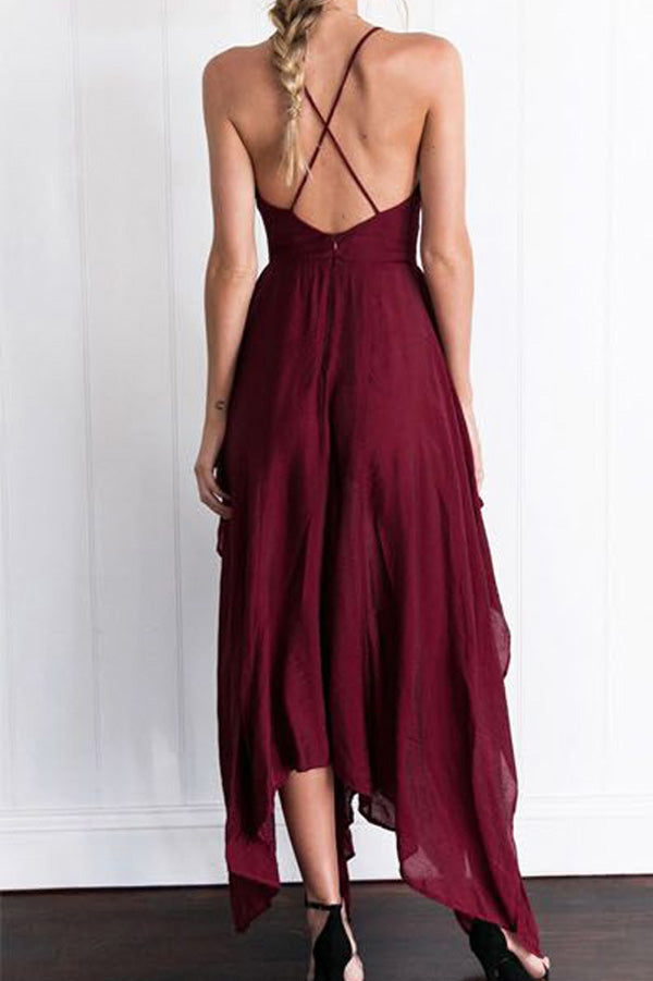 Burgundy  Asymmetrical A Line Deep V Neck Sleeveless Backless Side Slit Evening/Prom Dress P76 - Ombreprom