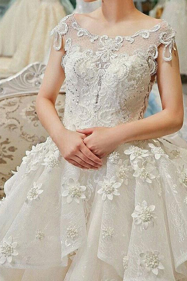 Ivory Ball Gown Chapel Train Capped Sleeve Appliques Beading Wedding Dress,Wedding Gowns