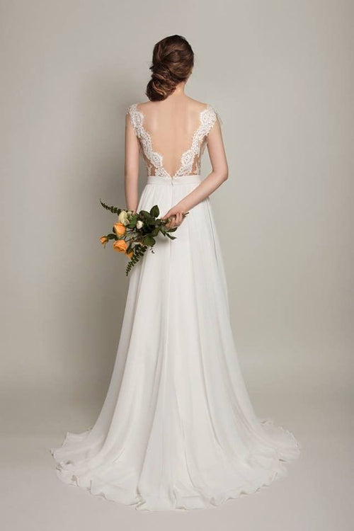 Elegant White Lace Chiffon A-Line Wedding Dress with Cap Sleeves main image 1