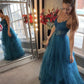 Long Prom Dresses A Line Blue Tulle Lace Appliques Formal Evening Dresses