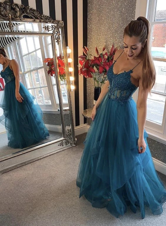 Long Prom Dresses A Line Blue Tulle Lace Appliques Formal Evening Dresses