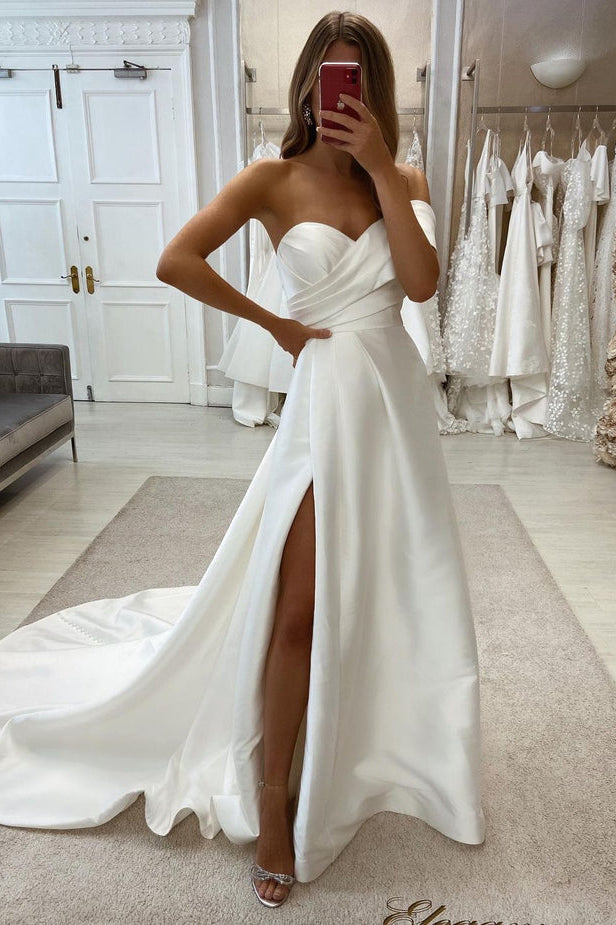 Ombreprom Wedding Dress Fashion A Line Strapless Satin Bridal Gown with Slit