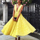 Deep V-neck  Homecoming Dress,Cute Yellow Tea Length Lace Prom Dress 2017 HCD11