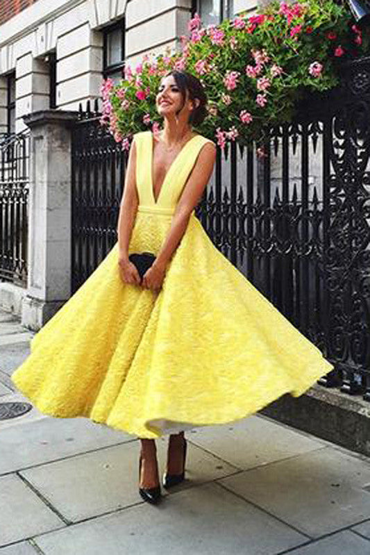 Deep V-neck  Homecoming Dress,Cute Yellow Tea Length Lace Prom Dress 2017 HCD11