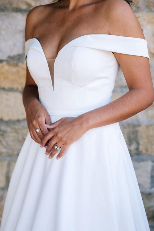 Elegant Ball Gown Off The Shoulder Satin Beaded With Veil Long Wedding Dresses