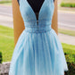 Sparkly Beading Sky Blue Short Prom Dresses Sequins Homecoming Dresses