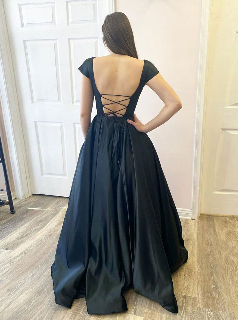 Black A Line Satin Open Black Long Prom Dresses