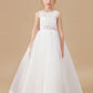 Floor-length Sleevelesss Lace Tulle Satin Flower Girl Dresses With Pink Bowknot Sash